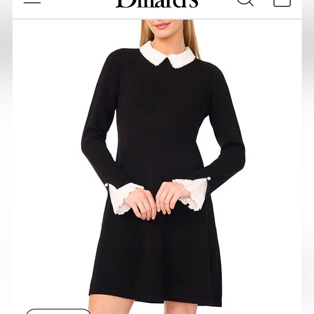 Knit Pearl Collared Long Sleeve Sweater Dress small